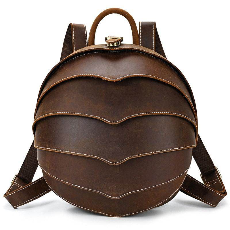Accordion beetle daypack in brown leather with stylish layered design and adjustable straps