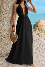 Black halter neck maxi dress for beachside vacations