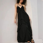 Women's black ruffled halter neck maxi dress for summer outings
