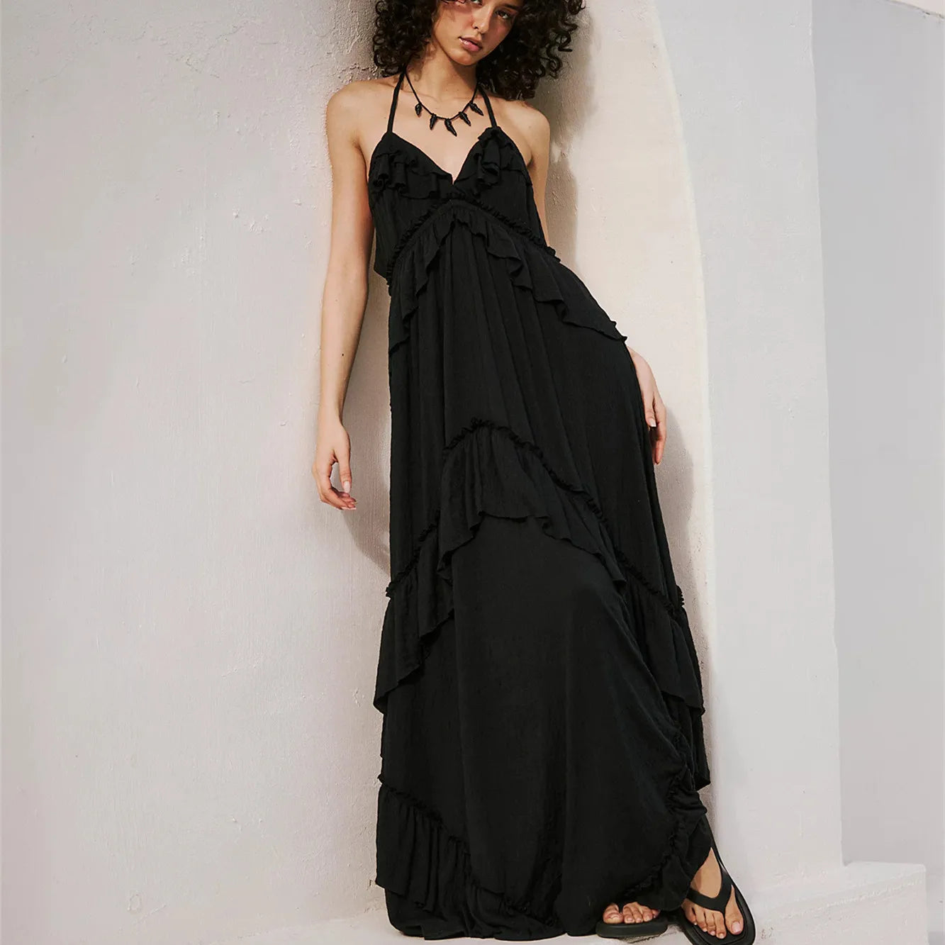 Women's black ruffled halter neck maxi dress for summer outings