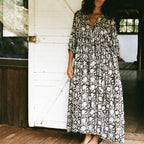 Women's black and white floral maxi dress, perfect for vacation wear