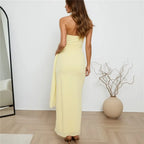 Yellow strapless women’s maxi dress, perfect for summer events