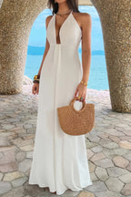 White halter-neck flowy dress, perfect for summer outings and maxi dress.