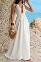 White halter neck maxi dress, perfect for beach vacations