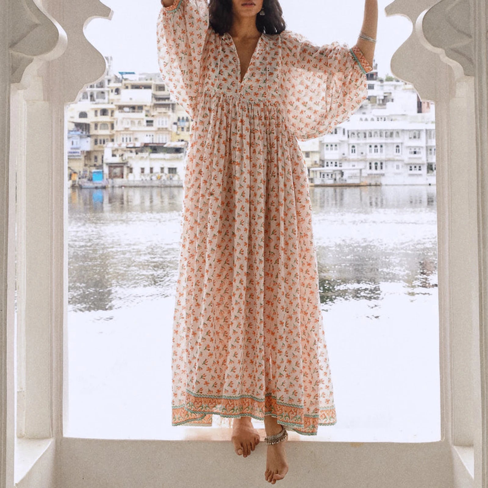 Women's floral maxi dress, lightweight fabric, perfect for summer outings