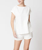 Fabina white bamboo linen shorts set featuring a relaxed short-sleeve top and matching shorts