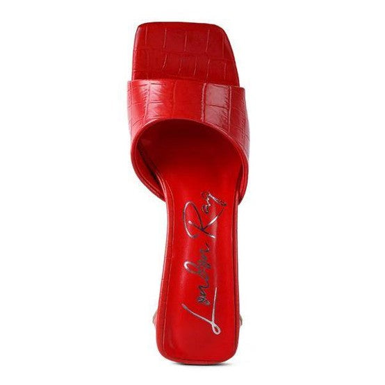 Bold red block heel vacation sandals with a stylish croc pattern for summer outings