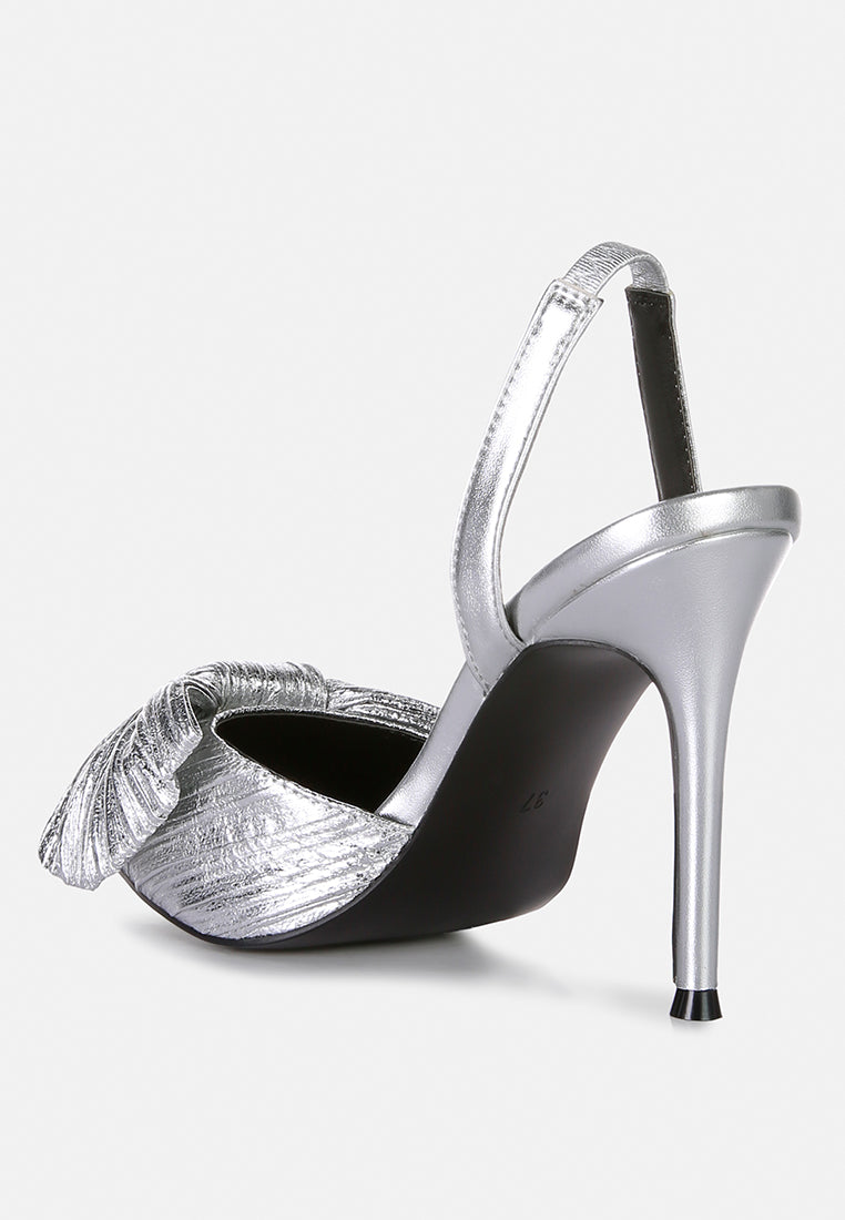 Silver bow embellished slingback sandals with a sleek stiletto heel for stylish women