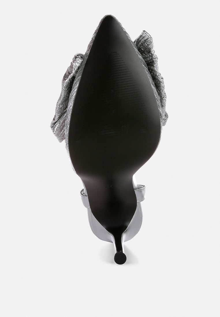 Bottom view of London Rag International bow embellished slingback sandals with a sleek pointed toe and heels