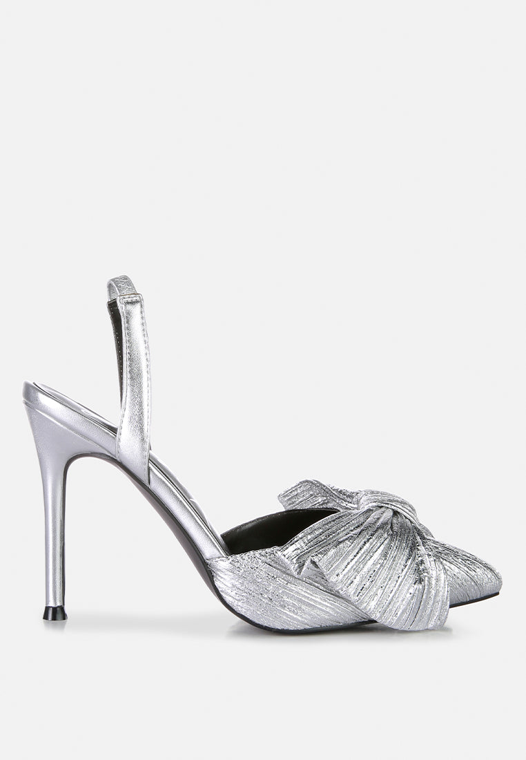 Silver bow embellished slingback sandals with a stylish design and high stiletto heel