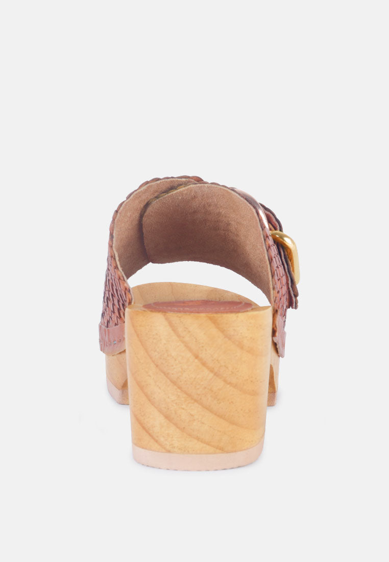 Back view of London Rag International braided leather slide clogs with a wooden heel for stylish summer wear
