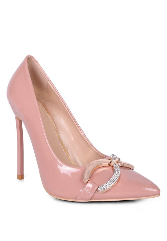 Women's pink buckle embellished stiletto pumps for chic occasions