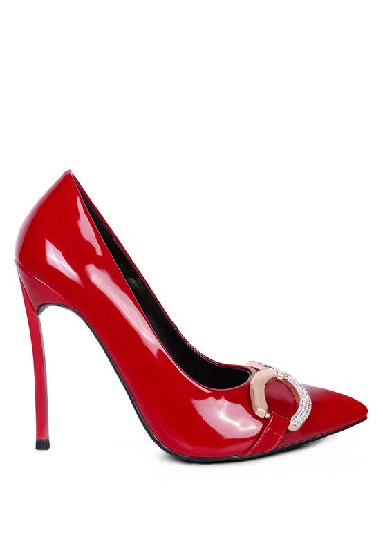 Red buckle embellished stiletto pumps for stylish evening wear