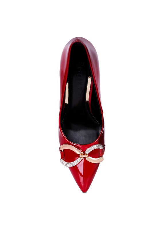 Red buckle embellished stiletto pumps for elegant occasions