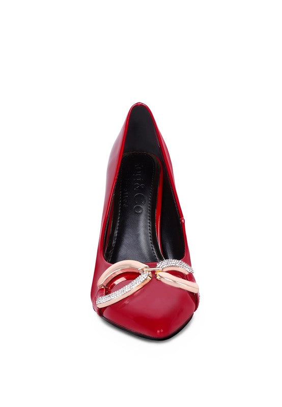 Women's red buckle embellished stiletto pumps for elegant occasions
