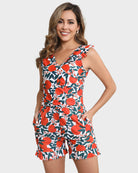 SheCurve floral built-in bra swim romper with ruffled straps and pockets for beach outings