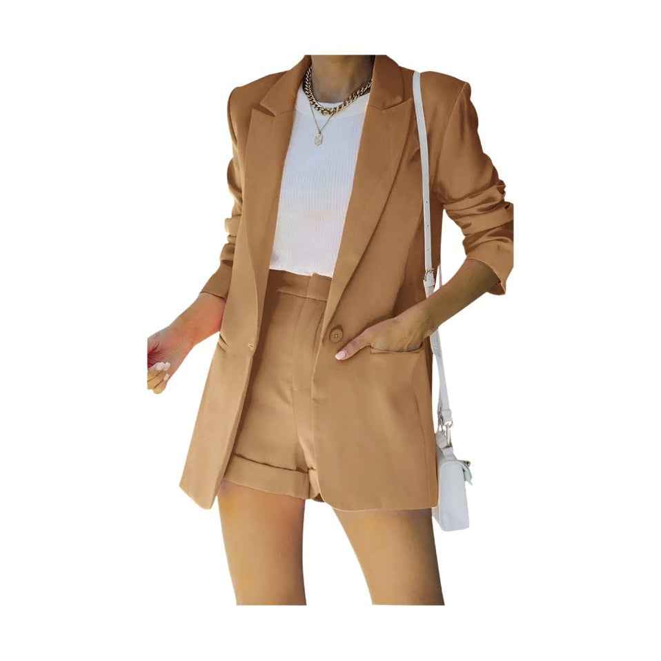 Casual chic summer blazer set in tan with matching shorts and a white top by Miss Sparkling