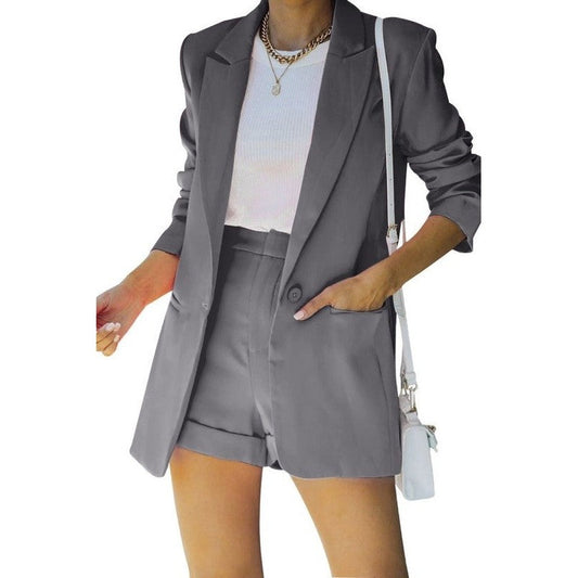 Miss Sparkling casual chic summer blazer set in gray with matching shorts and relaxed fit