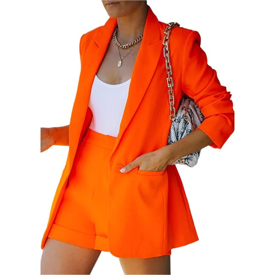Miss Sparkling bright orange casual chic summer blazer set with matching shorts and white top