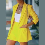 Miss Sparkling bright yellow casual chic summer blazer set with shorts and white top
