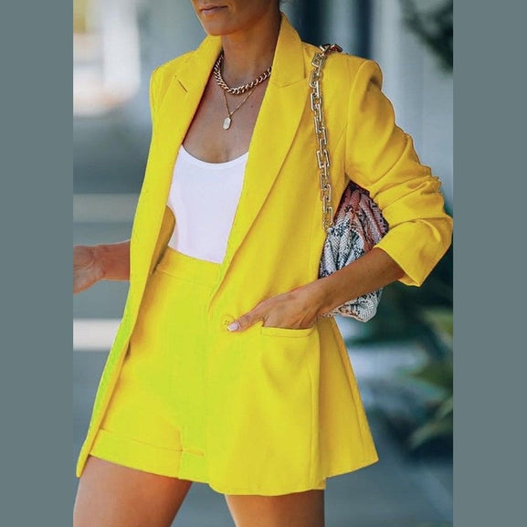 Miss Sparkling bright yellow casual chic summer blazer set with shorts and white top