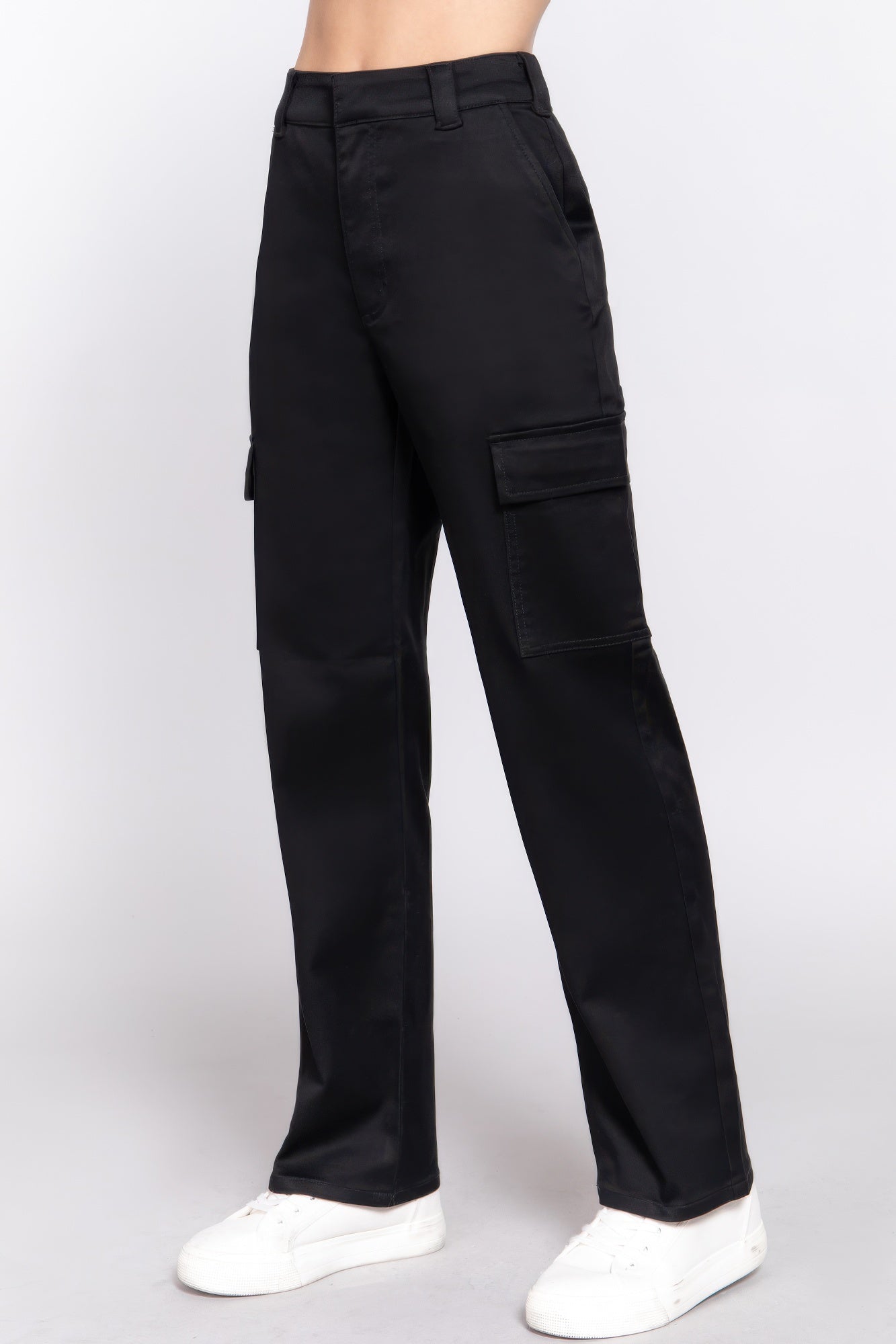 VacationGrabs women's black casual straight leg trousers with side pockets and white sneakers