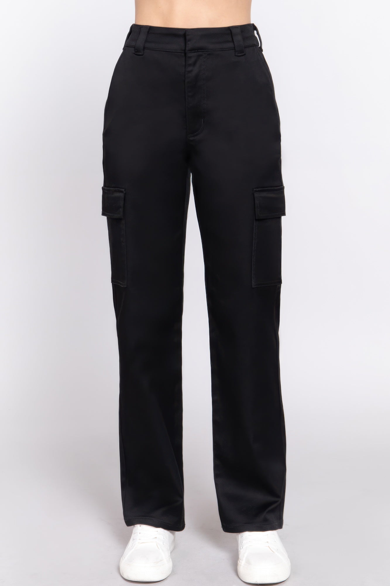 VacationGrabs women's black casual straight leg trousers with cargo pockets and white sneakers