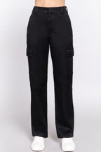 VacationGrabs women's black casual straight leg trousers with cargo pockets and white sneakers