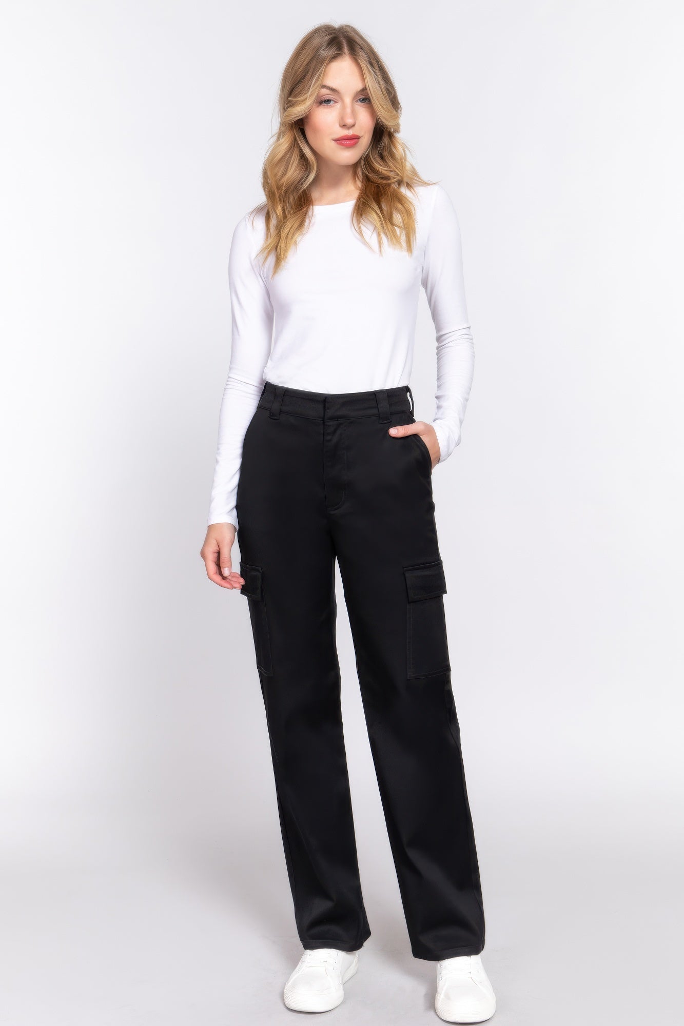 VacationGrabs women's black casual straight leg trousers styled with white long sleeve top and sneakers