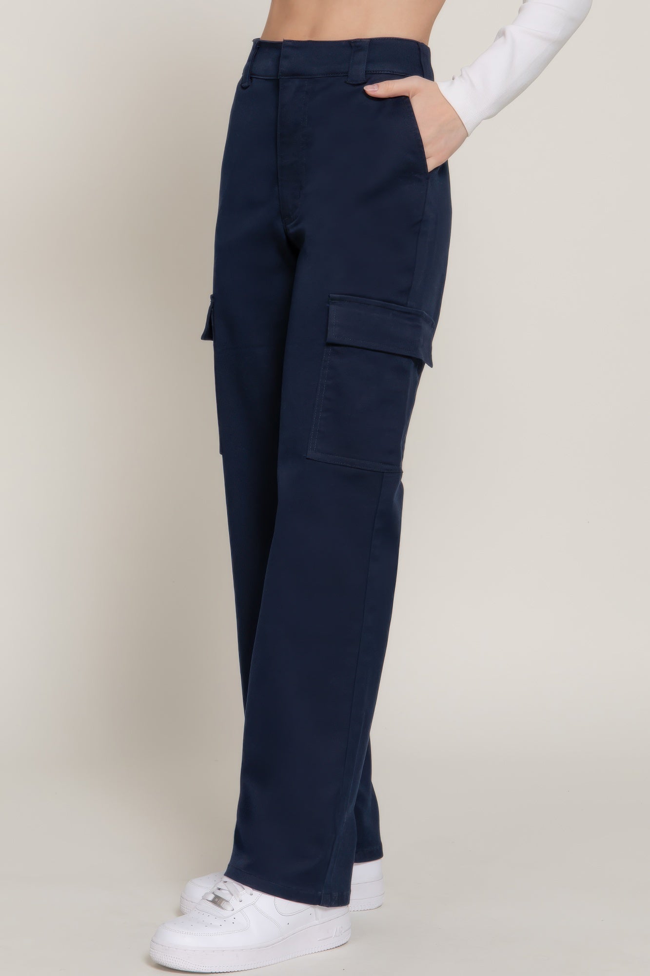 VacationGrabs women's navy casual straight leg trousers with side pockets and relaxed fit