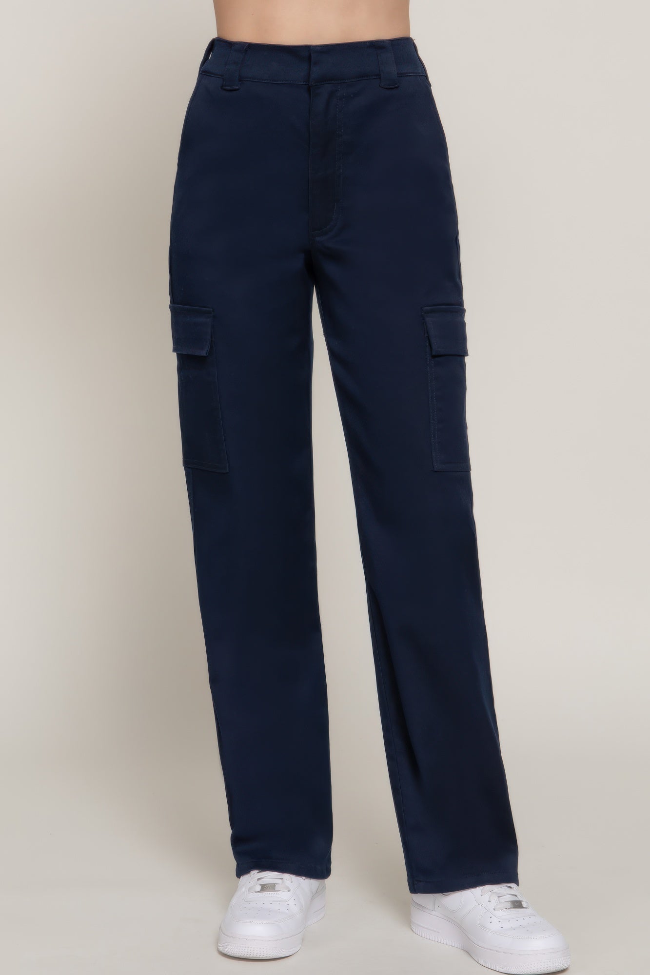 Women's navy blue casual straight leg trousers with side pockets from VacationGrabs