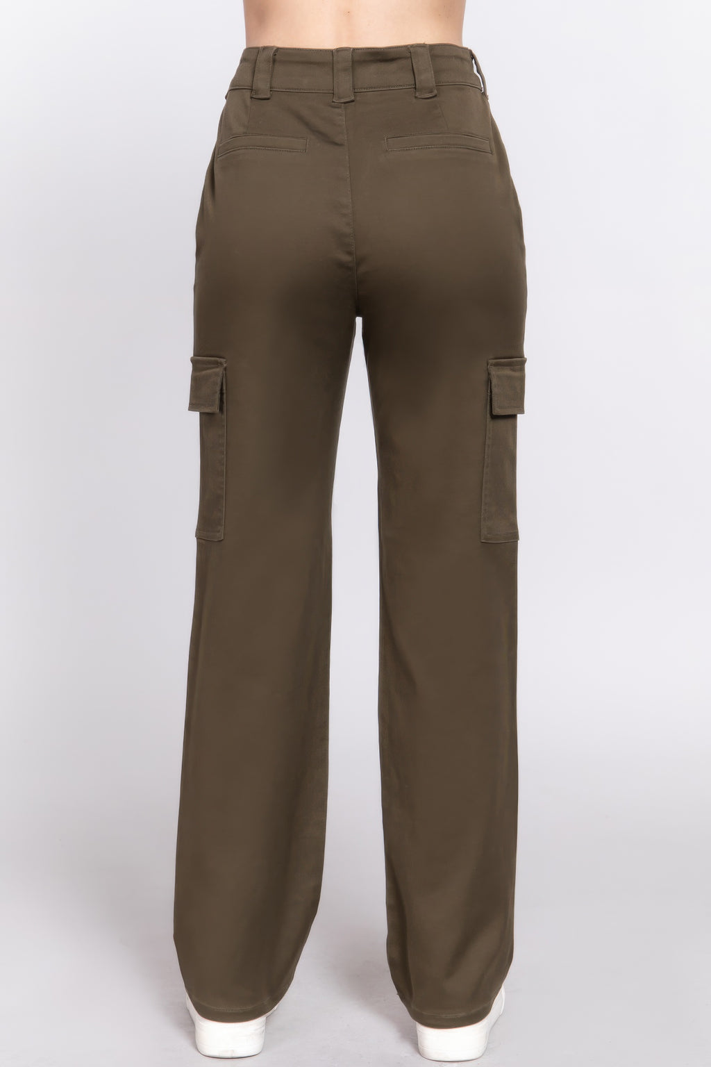 Back view of women's casual straight leg trousers in olive green with side pockets by VacationGrabs
