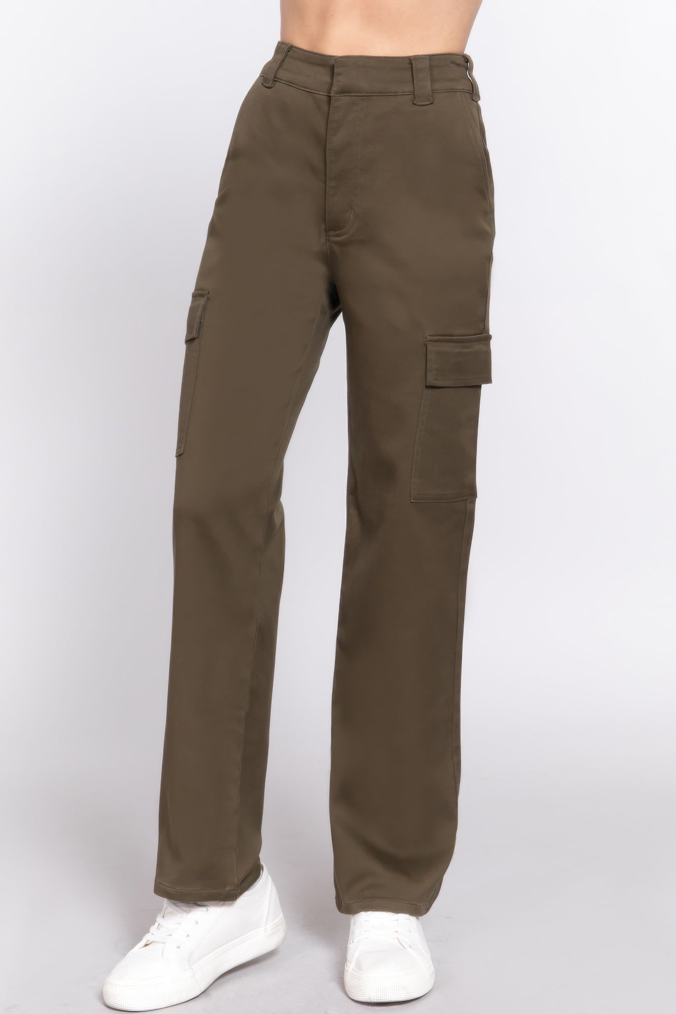 Women's casual straight leg trousers in brown with cargo pockets by VacationGrabs