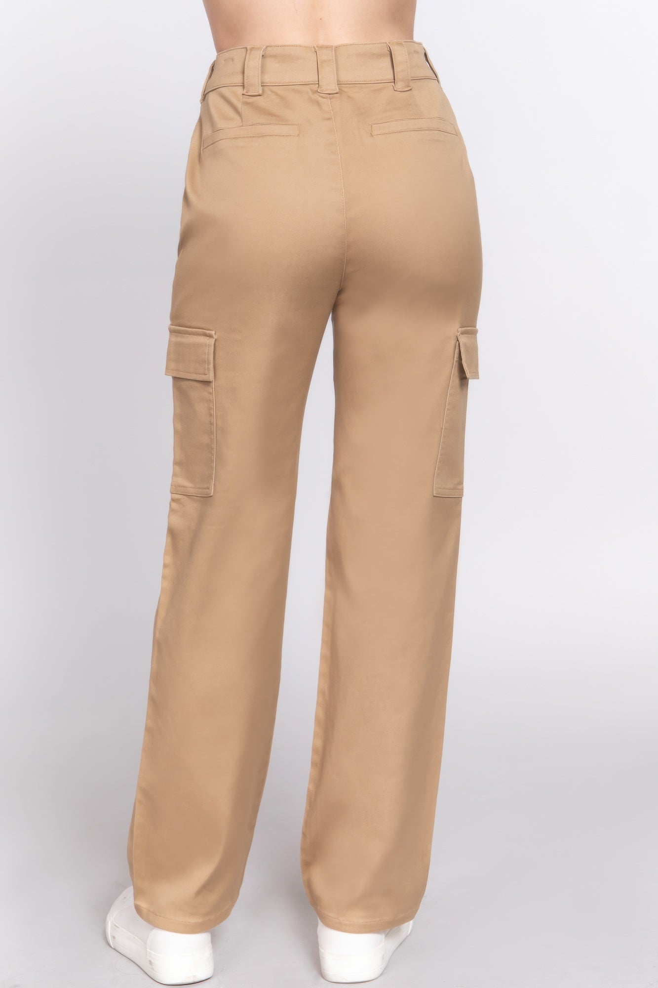 VacationGrabs women's beige casual straight leg trousers with side pockets and belt loops