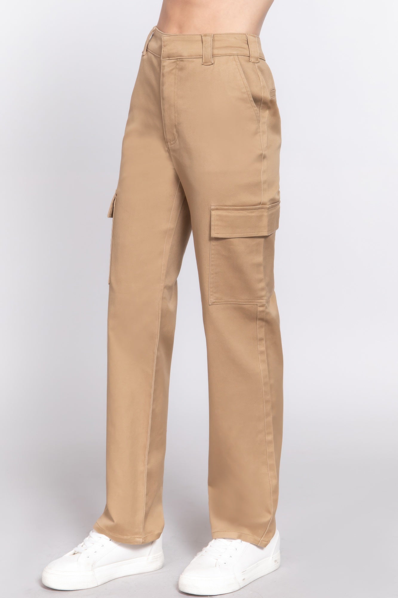 VacationGrabs women's casual straight leg trousers in beige with side pockets and white sneakers