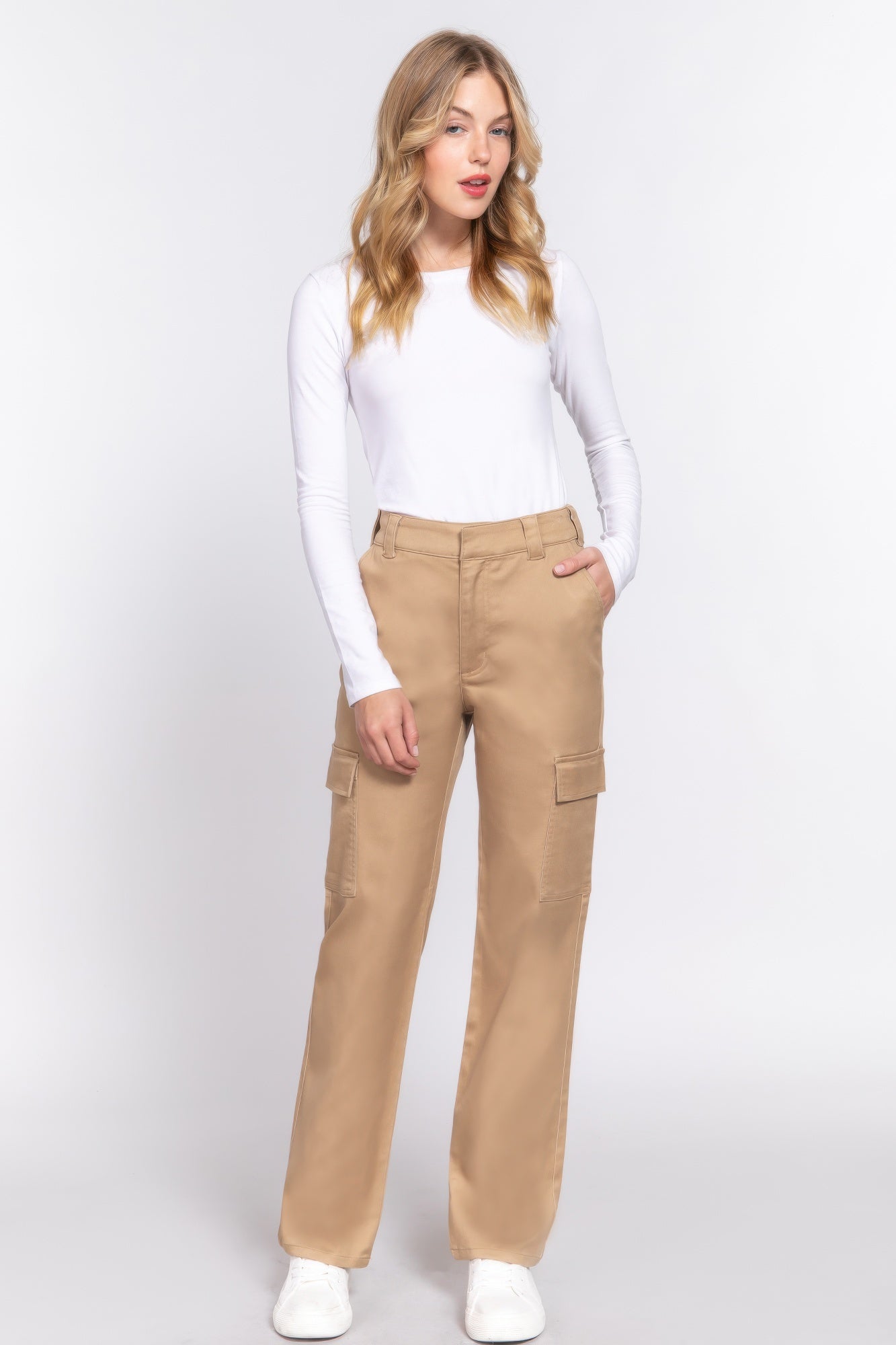 VacationGrabs women's casual straight leg trousers in beige paired with a white long sleeve top