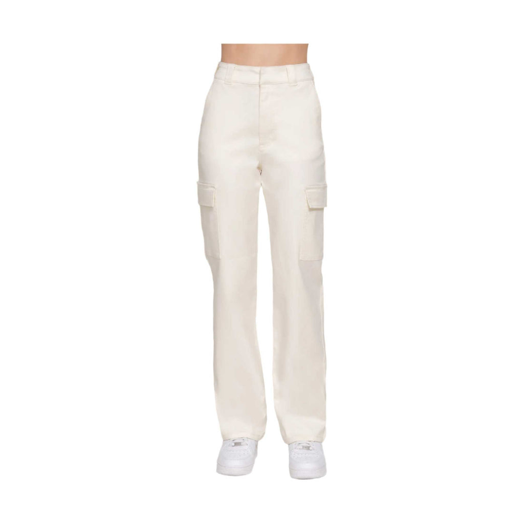 VacationGrabs women's casual straight leg trousers in beige with cargo pockets and white sneakers