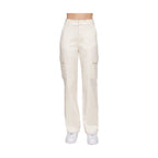 VacationGrabs women's casual straight leg trousers in beige with cargo pockets and white sneakers