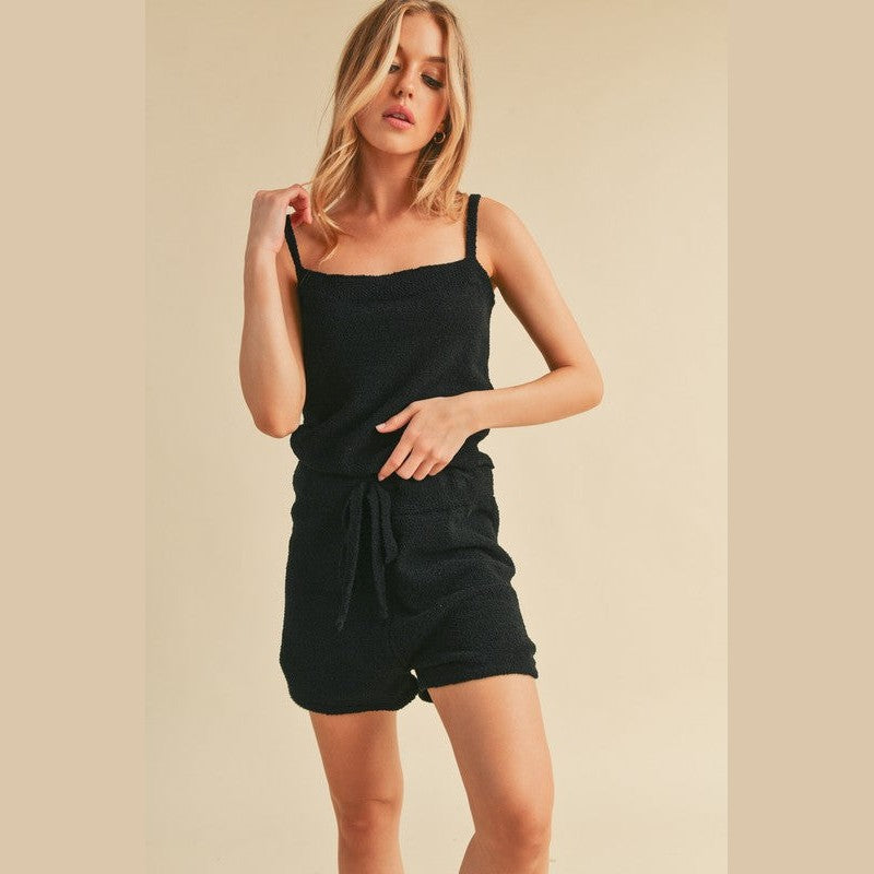 Aemi + Co black casual tank and shorts set with adjustable straps and drawstring waist