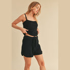 Aemi Co black casual tank and shorts set with adjustable straps and drawstring waist