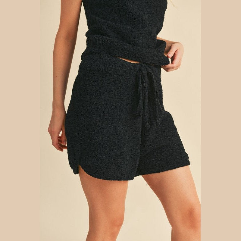 Aemi Co black casual tank and shorts set featuring textured fabric and drawstring shorts