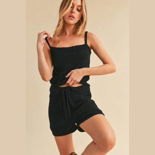 Aemi + Co black casual tank and shorts set with adjustable straps and drawstring shorts