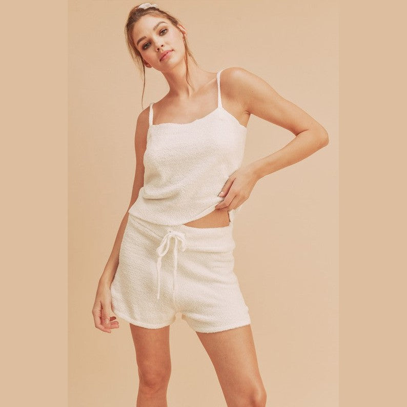 Aemi Co white casual tank and shorts set with adjustable straps and drawstring waist