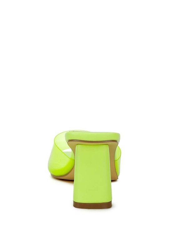 Rag Company women's clear strap slip on heels in vibrant lime green