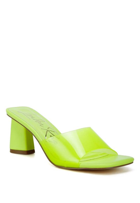 Rag Company clear strap slip on heels in neon green for stylish outfits