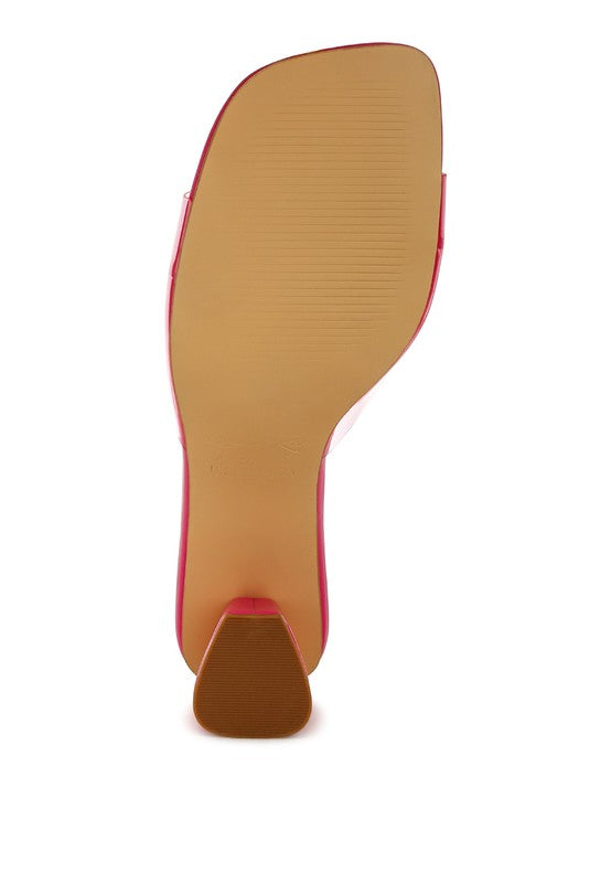 Rag Company clear strap slip on heels with pink glossy finish
