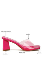 Women's pink clear strap slip on heels with block heel design