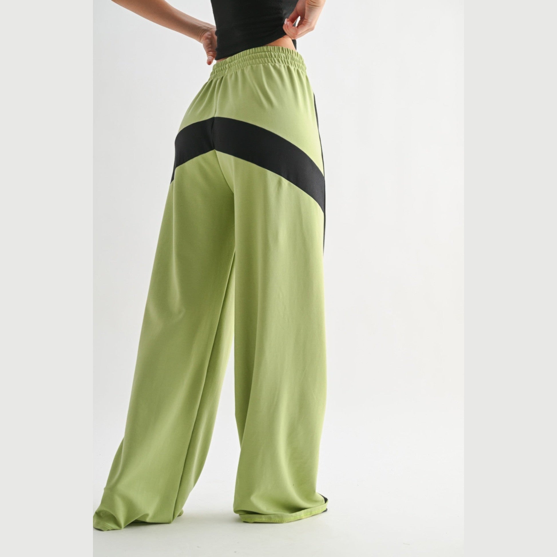 VacationGrabs comfortable wide leg lounge trousers in light green with black stripe detail for women