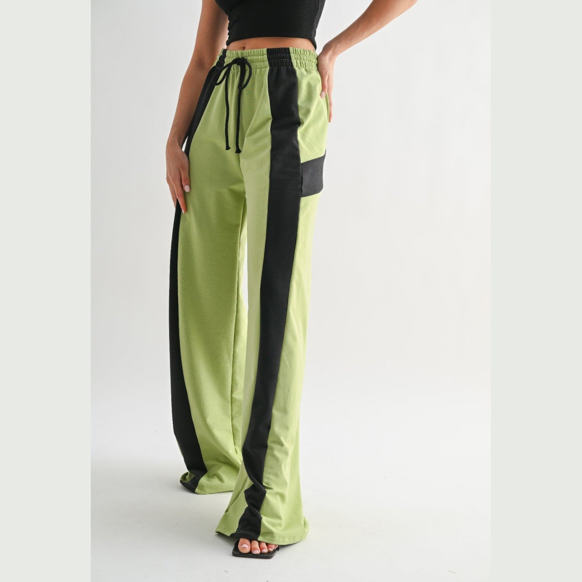 VacationGrabs comfortable wide leg lounge trousers in green with black side stripes for women