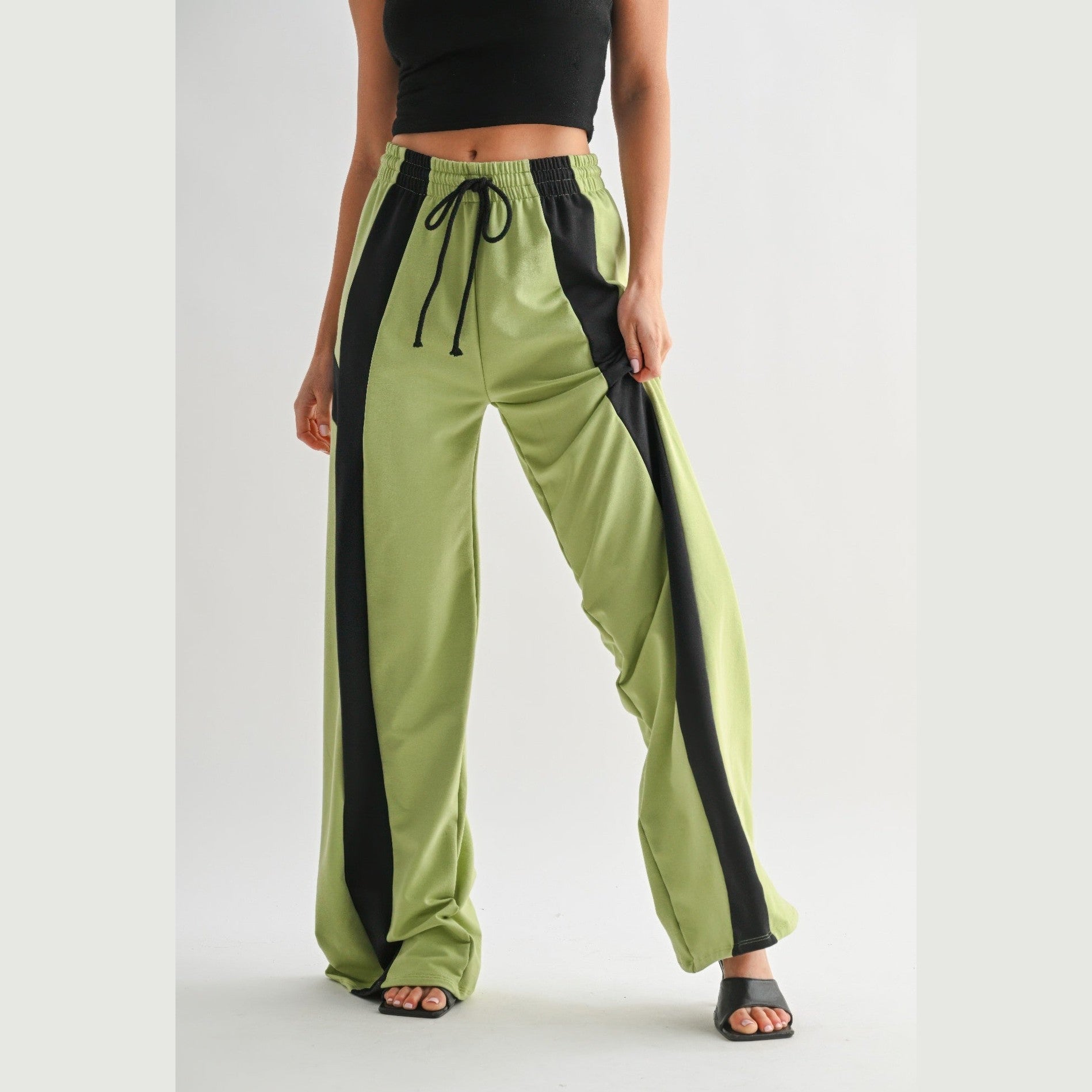 VacationGrabs women's comfortable wide leg lounge trousers in green with black side stripes and drawstring waist